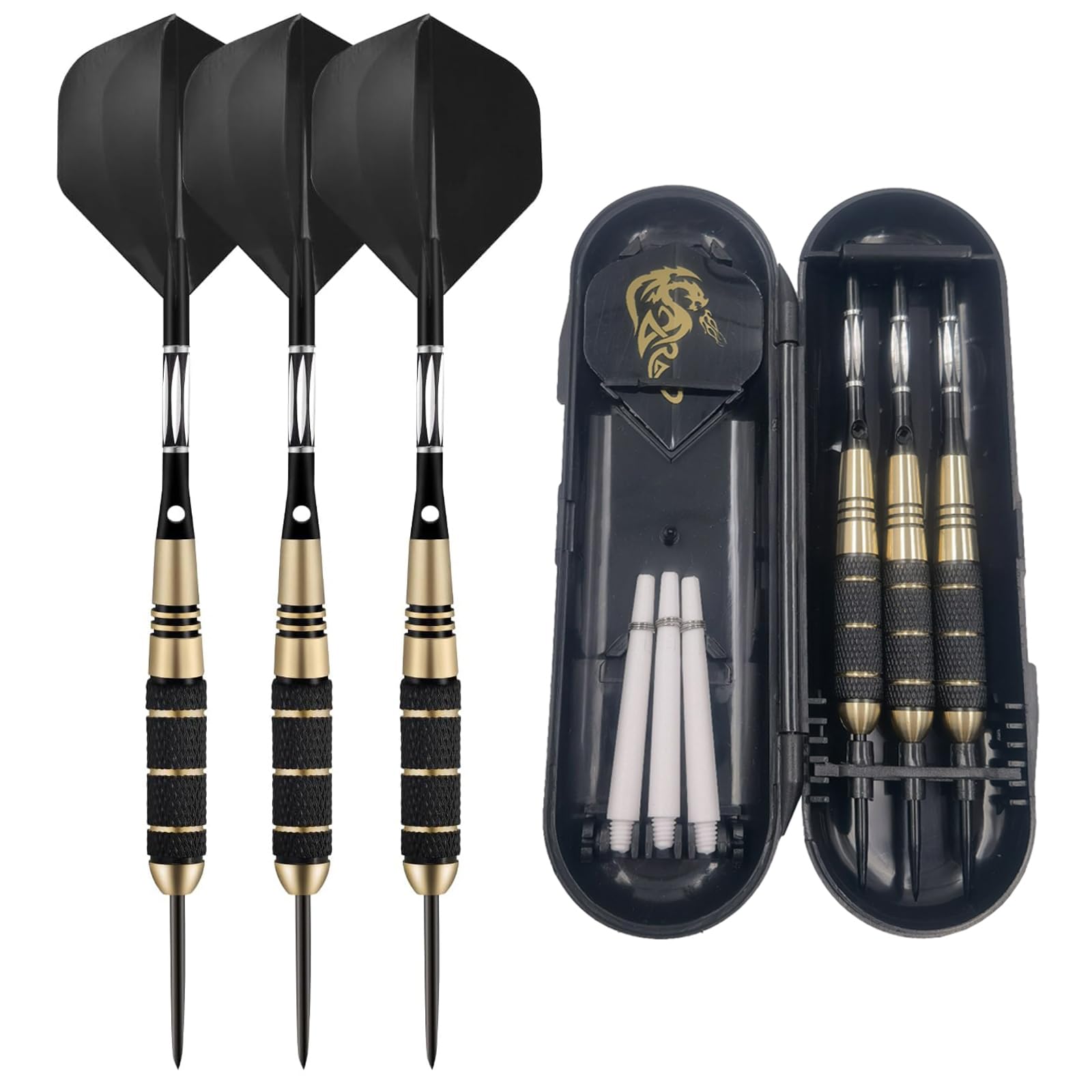 EASONGEE 3pcs Professional Steel Tip Darts Set, Brass Dart Set With Darts Stems and Flights, Steel Tip Brass Darts with Carrying Box for Competition, Play Game, Do Sports, Present