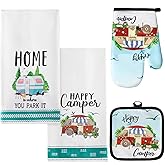 CHENGU 4 Pcs Camping Dish Towel Pot Holder Oven Mitt Set Christmas Making Memories One Campsite at a Time RV Kitchen Towel Absorbent Soft Pot Holder Camper Oven Mitt Hand Dishcloth for Kitchen Decor