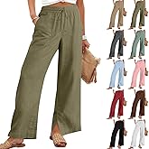 Women Linen Pants Summer Side Split Wide Leg Pants Boho Drawstring Wide Leg Pant Vacation Beach Palazzo Pant