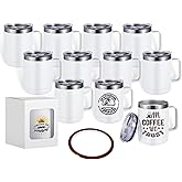 PlanetFlame 12 Pack 12 oz Sublimation Mug with Handle, Stainless Steel Vacuum Insulated Cup with Leakproof Sliding Lid and Heat Resistant Tape Thermal Coffee Mug, Matte White