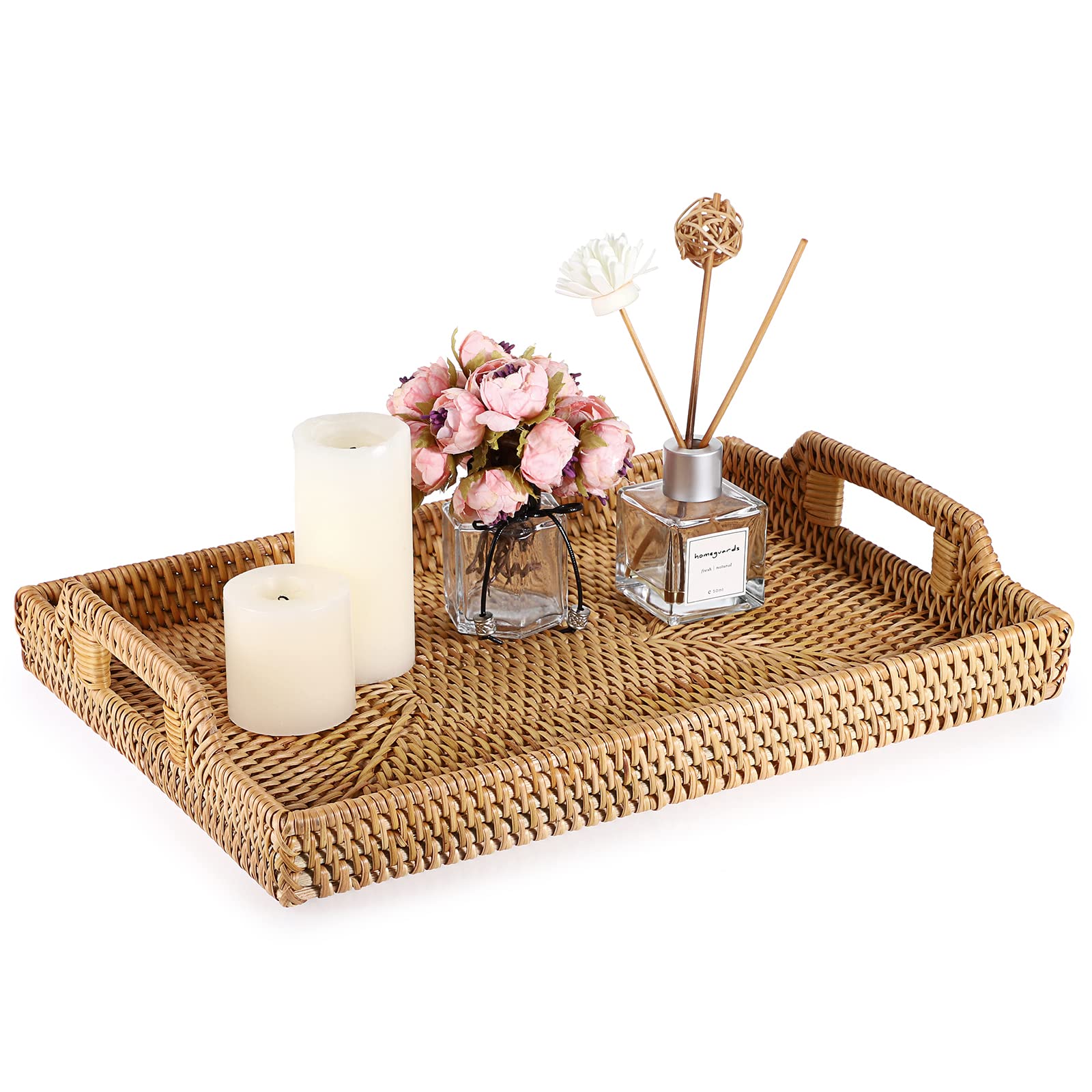 Sumnacon Rectangular Rattan Woven Serving Tray with Handle, Storage Tray for Coffee, Beverage, Breakfast, Tea, Candle, 34 x 24 cm