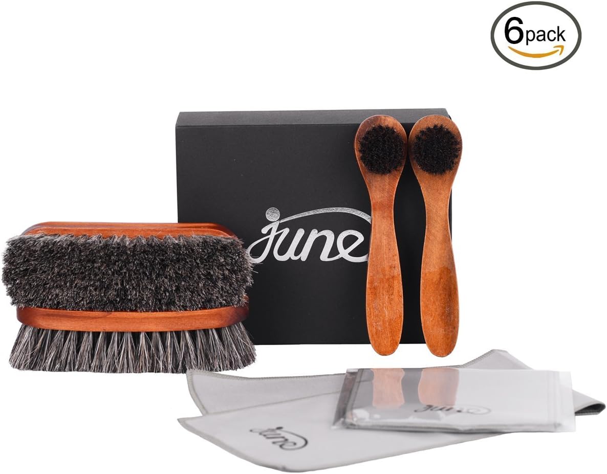 Shoe Shine Brush Kit 6 in 1 for Polishing & Cleaning Leather Cloth, Boot, Bag with 2 Suede Polishing Cloths, 2 Super Soft Long Horsehair Bristle Brush, 2 Cream Dauber Shoe Brush (Black/Brown)