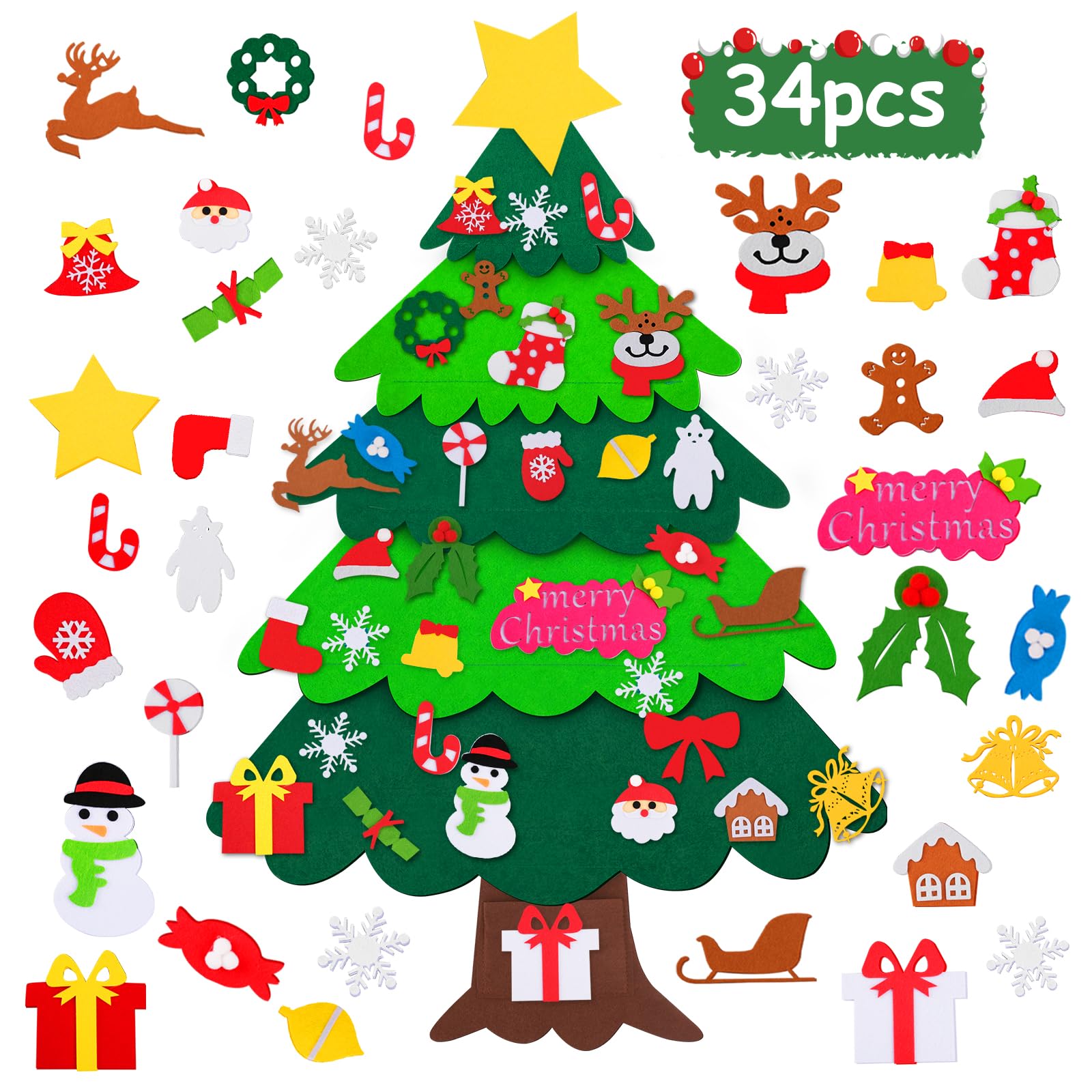 Childrens Felt Christmas Tree, 3,77ft Felt Christmas Tree for Toddlers/Kids Set with 36Pcs Detachable Xmas Ornaments, DIY Wall Mounted Christmas Tree for Home Door Window Christmas Decoration