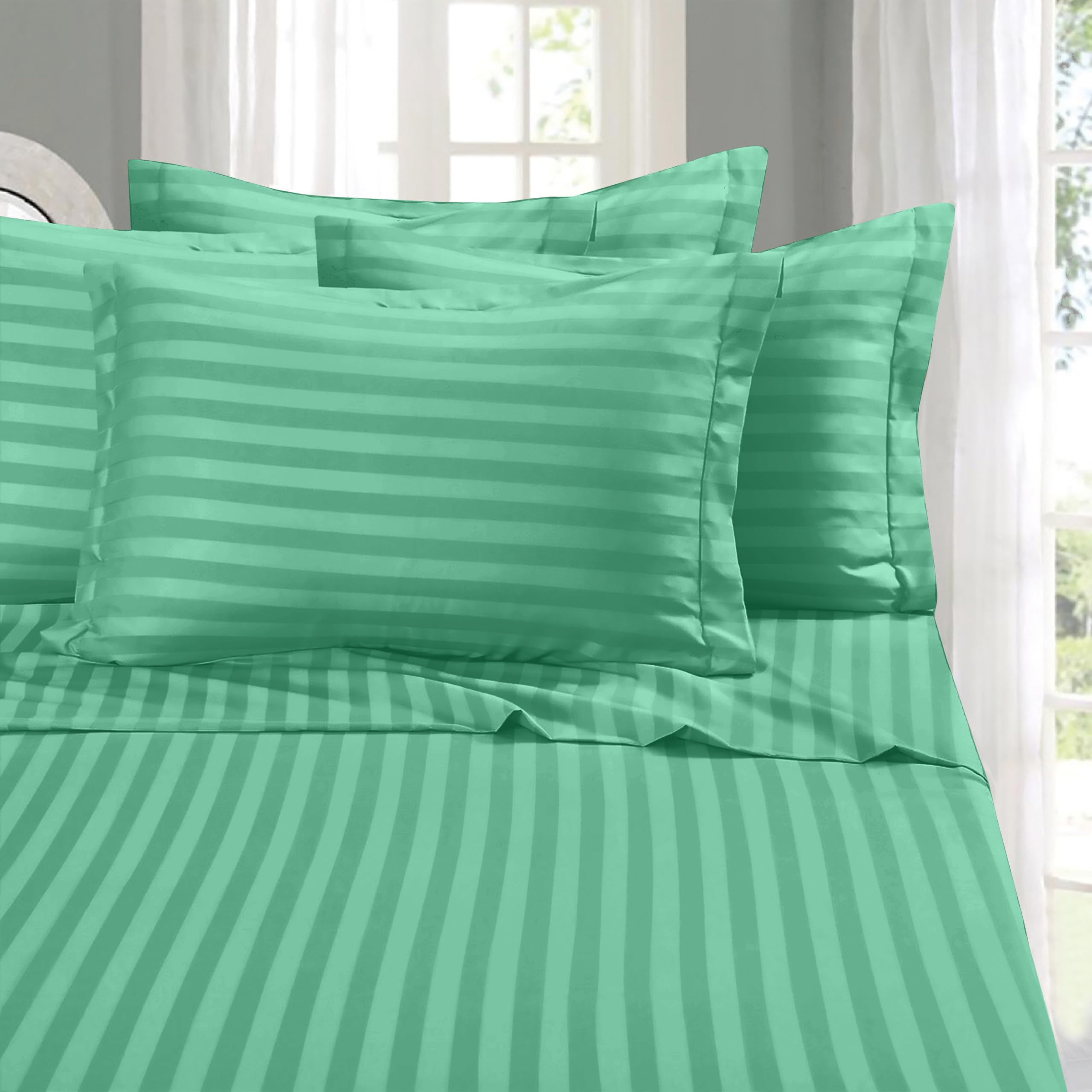 Elegant Comfort Softest and Coziest 6-Piece Sheet Set - 1500 Premium Hotel Quality Microfiber - Deep Pocket, Wrinkle Resistant 6-Piece Damask Stripe Bed Sheet Set, Full, Paradise Teal Image