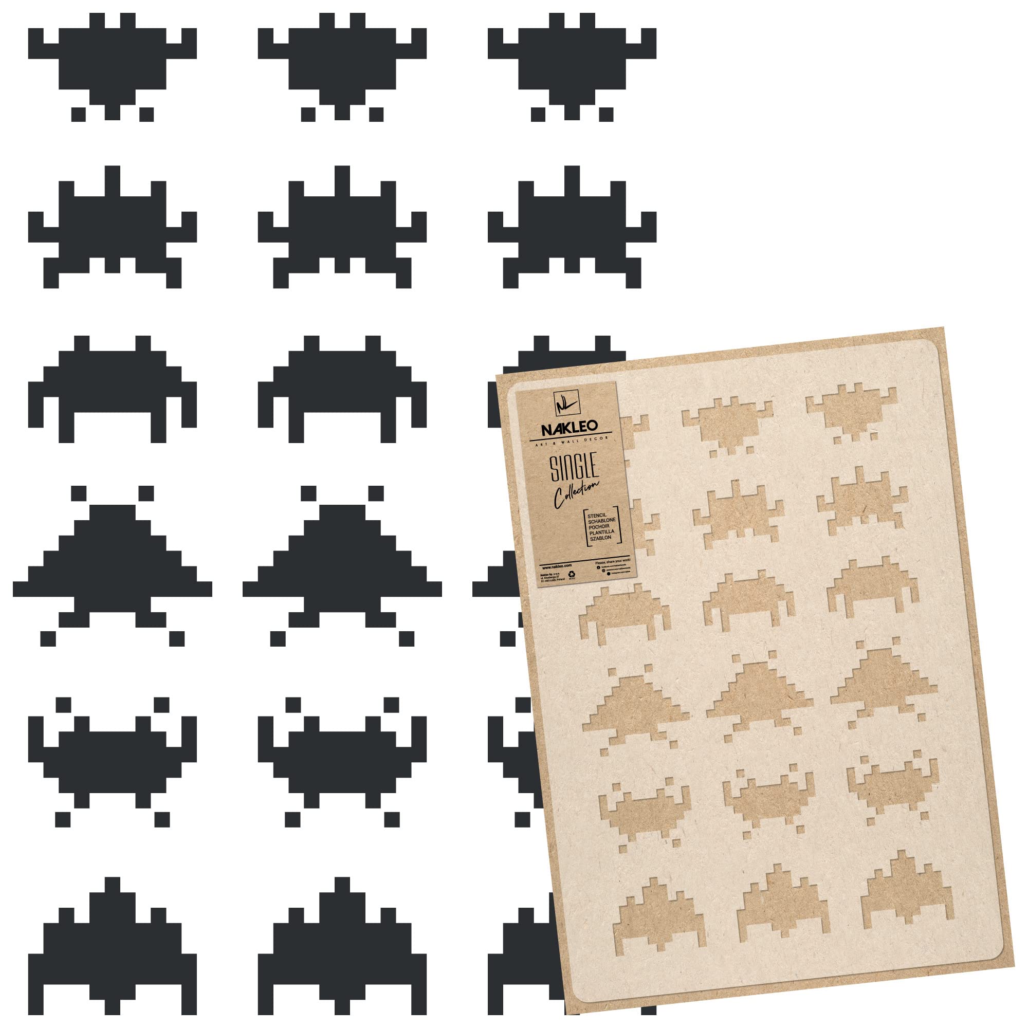 NAKLEO Large Wall Painting Stencil 43x64 cm, Space Invaders Robot Pattern, Reusable Plastic Template, DIY Art and Craft Home Decor, Floor Wood Fabric Furniture