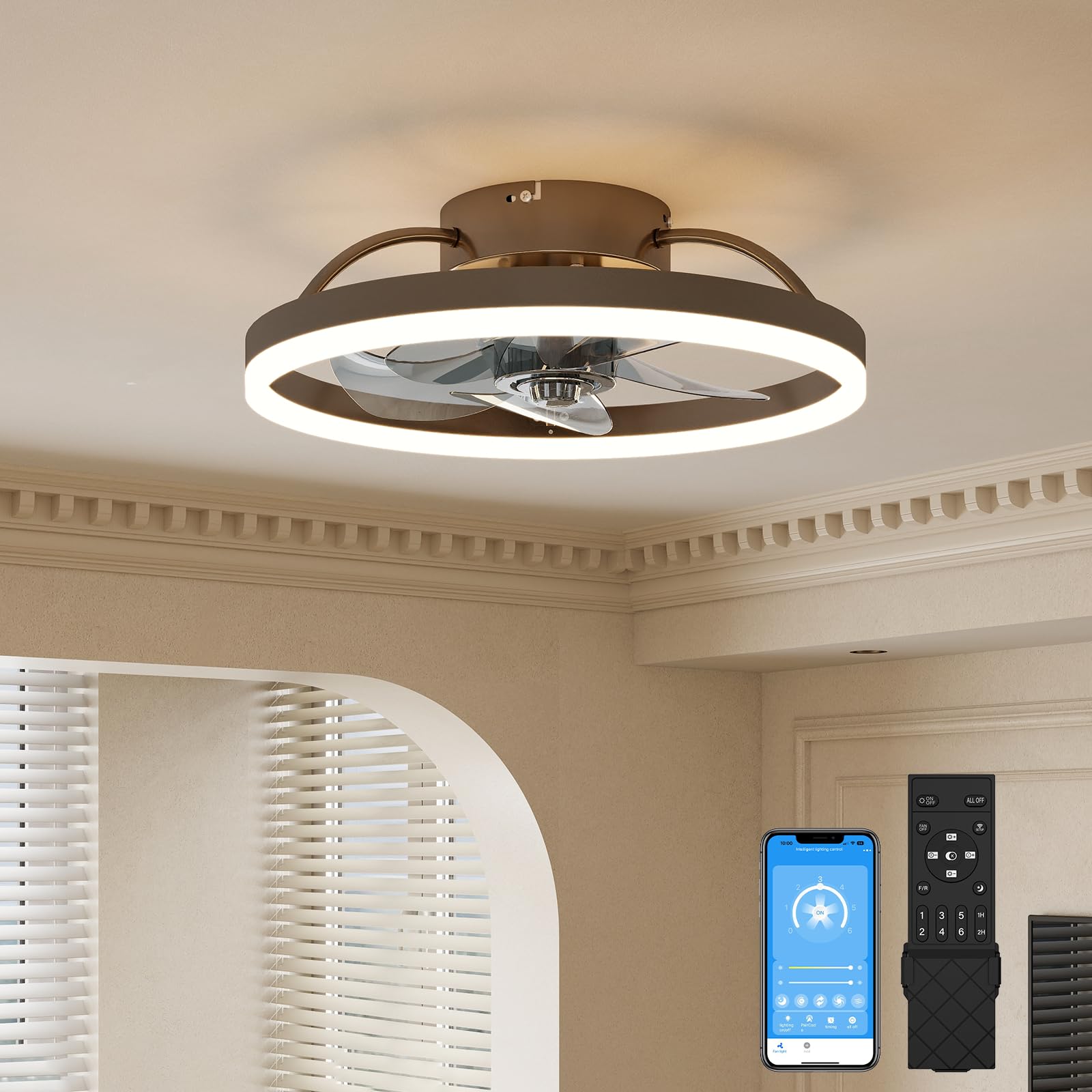 Photo 1 of VOLISUN Low Profile Ceiling Fans with Light and Remote,15.7in Modern Bladeless Ceiling Fan with Lights,3000K-6500K Dimmable Flush Mount LED Fan Light,Brown Fandelier Ceiling Fans for Bedroom