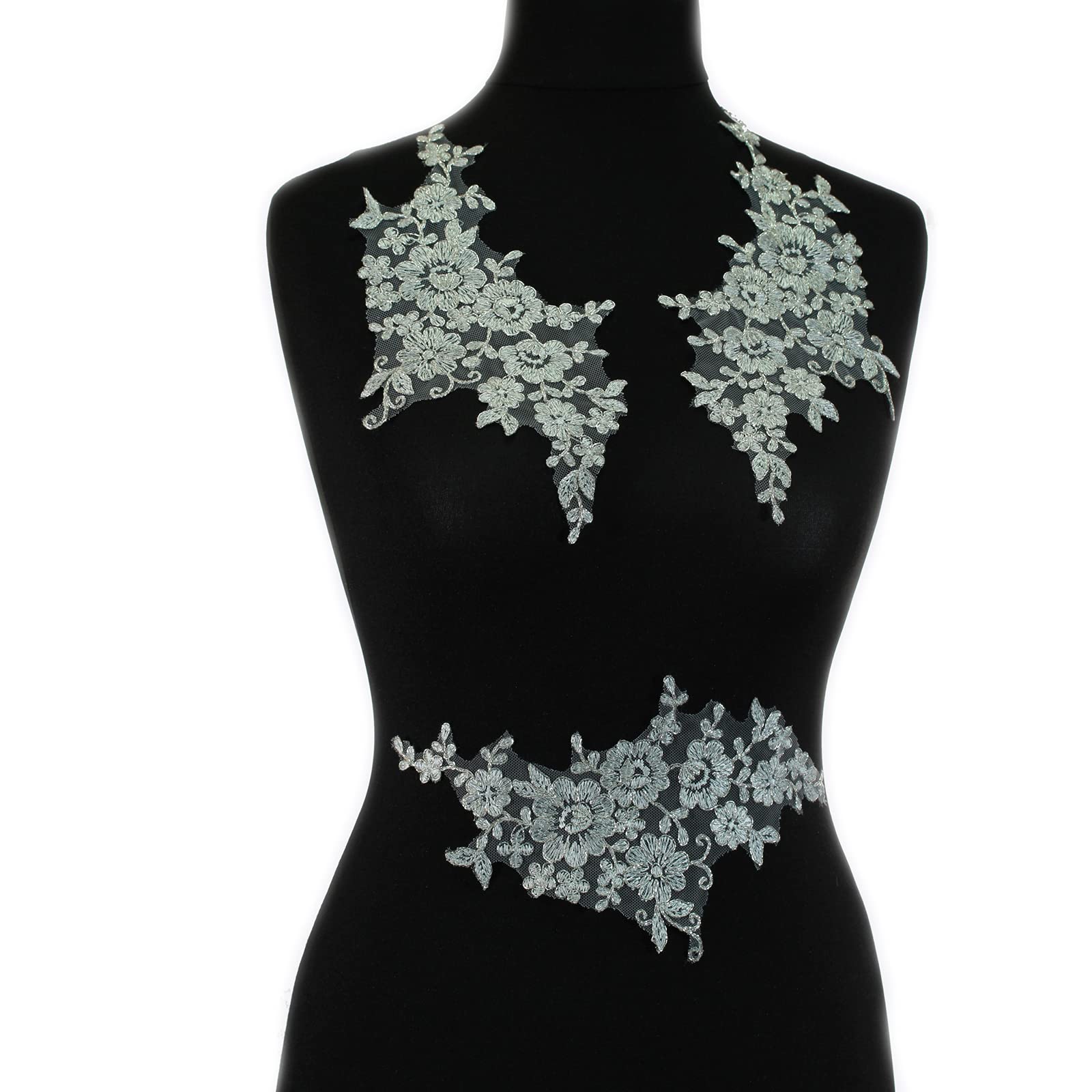 4 X Embroidered Lace Bridal Wedding Lace Applique Trim Motif #4A (Metallic Silver)