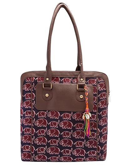 Vivinkaa Womens Printed Elephant Cotton Tote Bag with Zip (Blue)