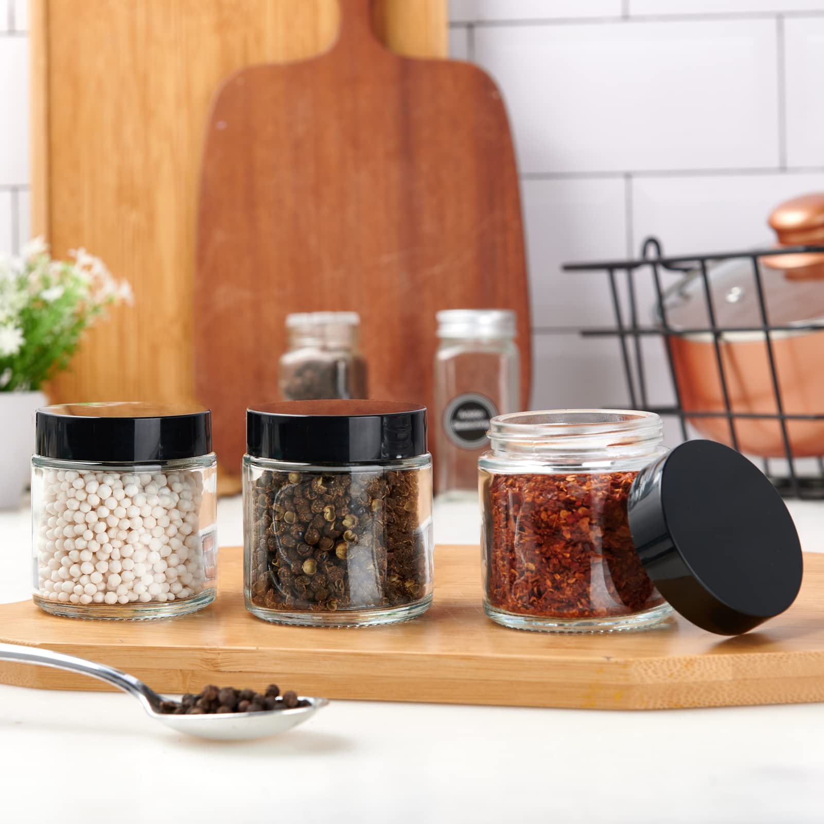4 oz Glass Jars with Lids, Hoa Kinh 40 Pack Clear Small Glass Jars with Black Lids Empty Cosmetic Containers Airtight Round Glass Jar for Lotions, Powders and Ointments