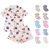 hmbudp Halloween Pajamas Women Set Button Down Top & Shorts Cute Sleepwear | Notch Lapel, Chest Pocket, Halloween Print, Soft Fabric, for Halloween Parties, Daily Wear, Matching Halloween Pajamas