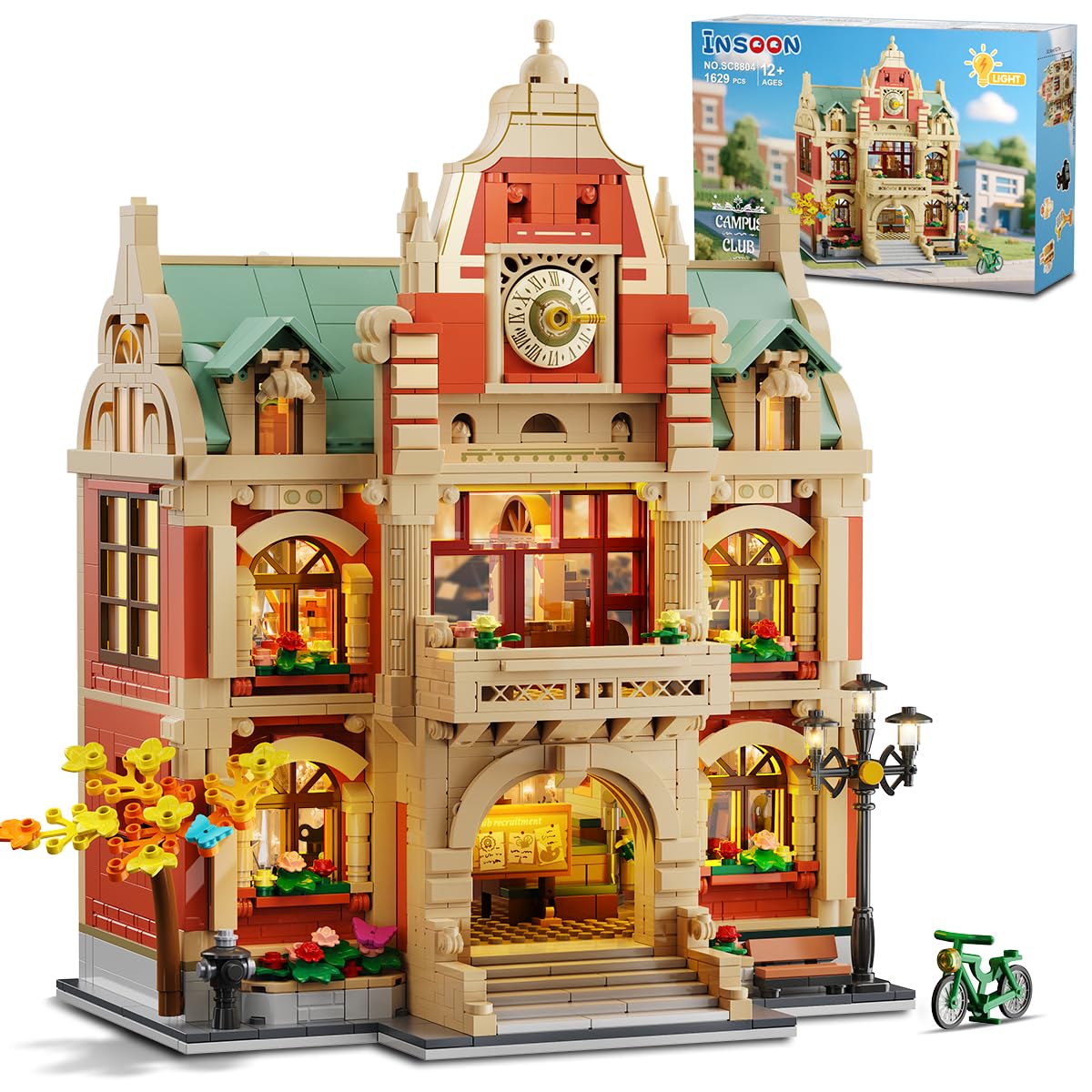 Photo 1 of INSOON University Club House Building Set with Light,1629PCS City Campus Architecture Model with Painting Drama Baking Music Club, Home Decor Construction Building Block Gift for Adults Boys Girls 12+
