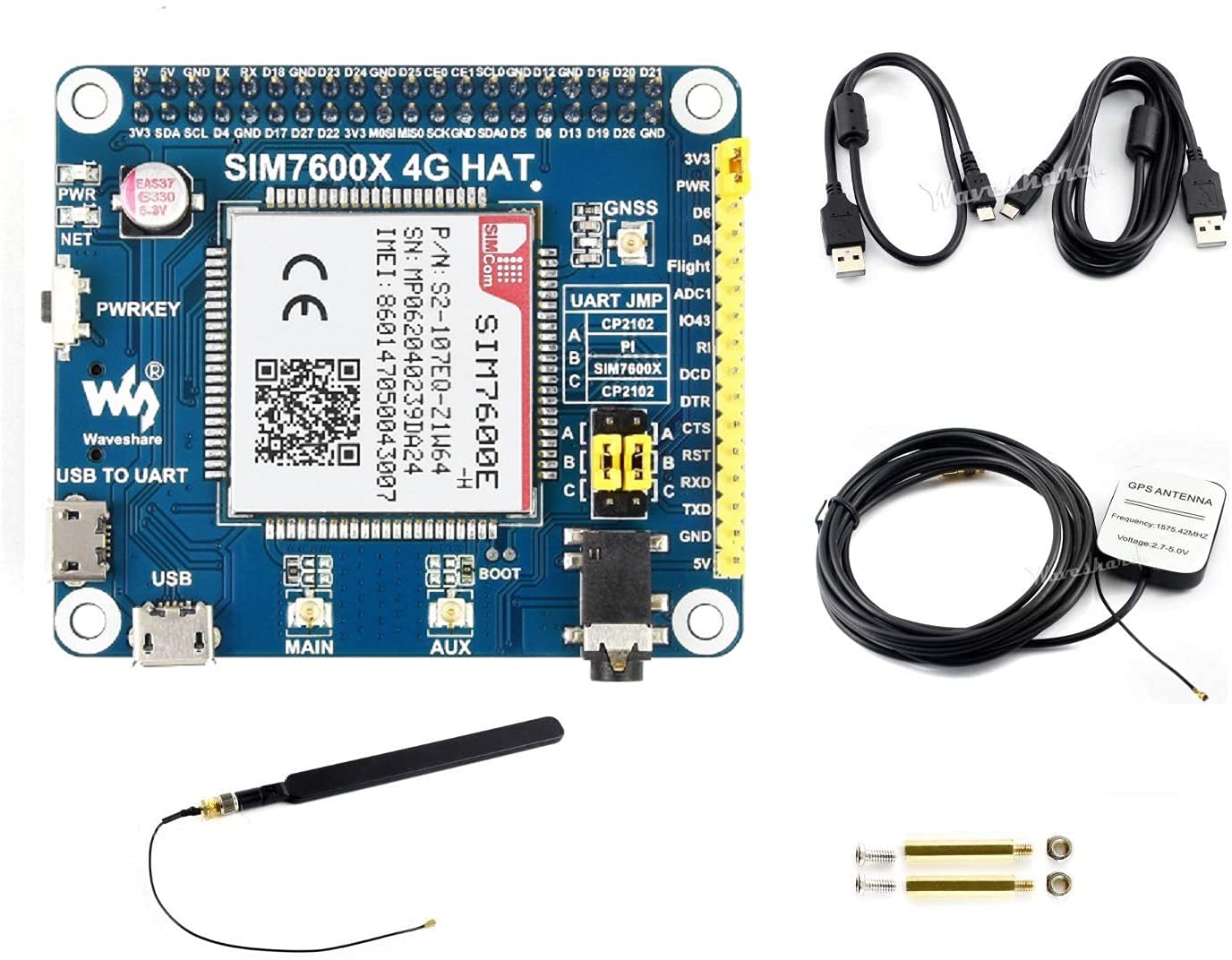 4G / 3G / 2G / GSM/GPRS/GNSS HAT for Raspberry Pi, Based on SIM7600E-H, Support LTE CAT4 for Downlink Data Transfer, 4G Connection, Making Call, Sending SMS, Global Positioning