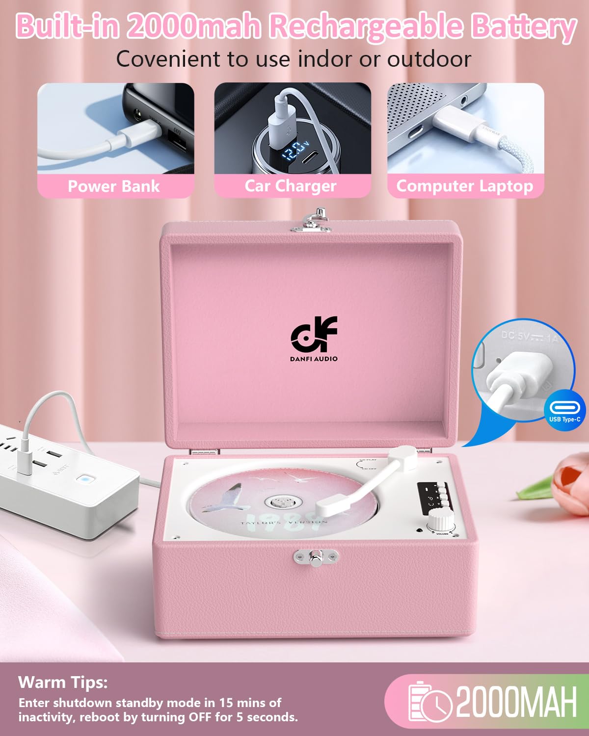 CD Player with Stereo Speakers, Wireless Bluetooth Input/Output Transmission, Rechargeable Battery, LED Screen USB Retro CD Player for Home