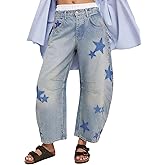 loveimgs Women's Mid Rise Barrel Jeans Wide Leg Baggy Printed Loose Y2k Boyfriend Denim Pants Horseshoe Jeans