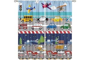 SXXLDNG Kids Boys Construction Curtains Cartoon Colorful Cars Bulldozer Tractor Truck Airplane 2 Panels Window Treatment Set for for Boys Girls Bedroom Living Room, W42 x L45 Inch Decor