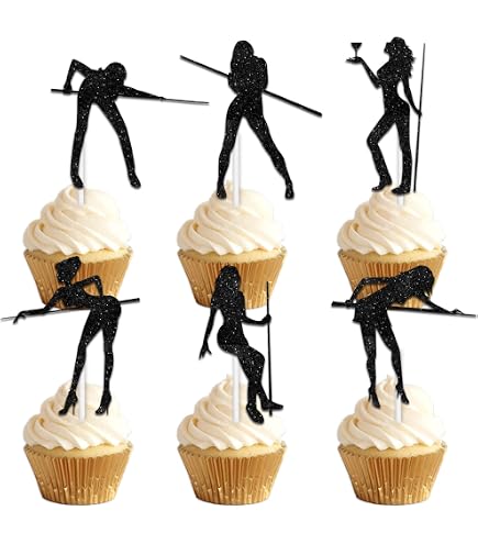 Black Glitter Cupcake Toppers - 18pc Set For Birthday Cake Decor, Sport & Dessert Theme