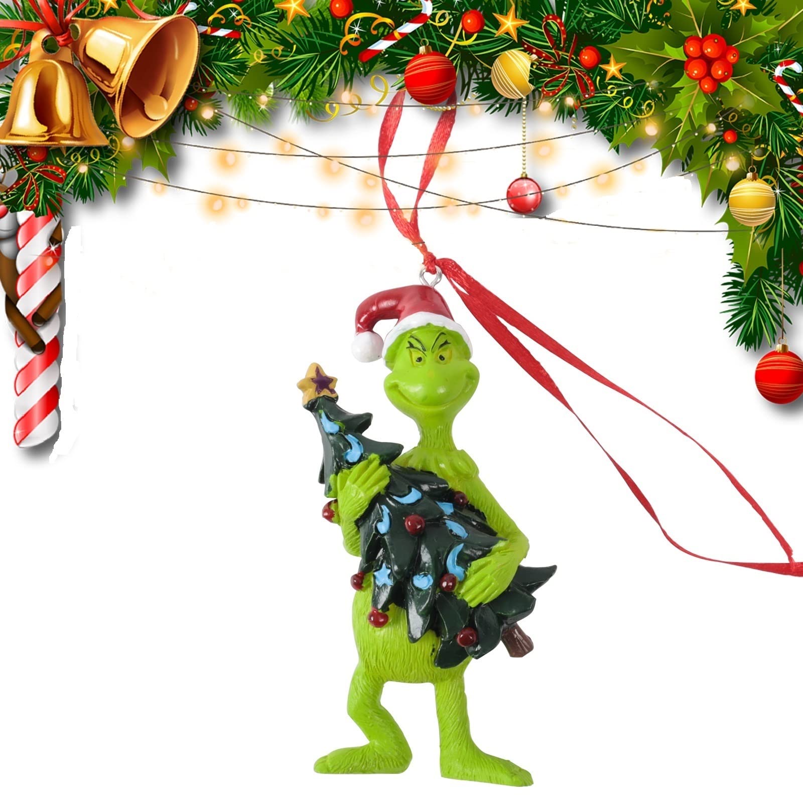 Warmiehomy Christmas Tree Decorations, Grinch Christmas Ornaments Hanging Resin Table Ornaments for Home Decor, Kids Xmas Gifts, 3.94in(Grinch with Tree)