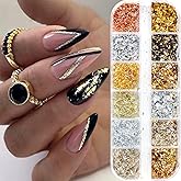 Holographic Nail Glitter Gold Foils for Kit, 12 Grids Sparkly Ultra-Thin Aluminum Foil Nail Art Flakes Designs, Powder Nail Glitters Sequins Acrylic Supplies DIY Manicure Charms Decorations, for Women