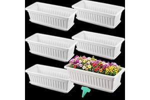 ZEONHAK 6 Pack 17 Inches Countryside Flower Box Planters, Plastic Vegetable Planters with 30 PCS Plant Labels, White Flower W