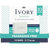 Ivory Sensitive Bar Soap, Designed for Whole Family, Fragrance Free, 99.44% Pure Formula, Plant-Based Cleanser, Made Without Heavy Perfume, Parabens, Phthalates, For All Skin Types, 3.17 oz (10 Count)
