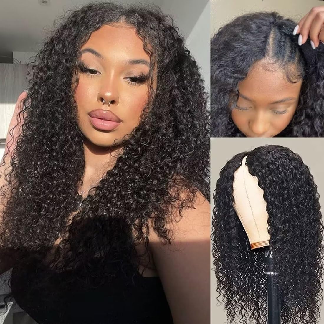 V Part Wig Human Hair for Women - Upgraded U Part Wig, 150% Density, V Shape Wigs, Clip In Half Wigs, Natural Color, 20 Inch Kinky Curly