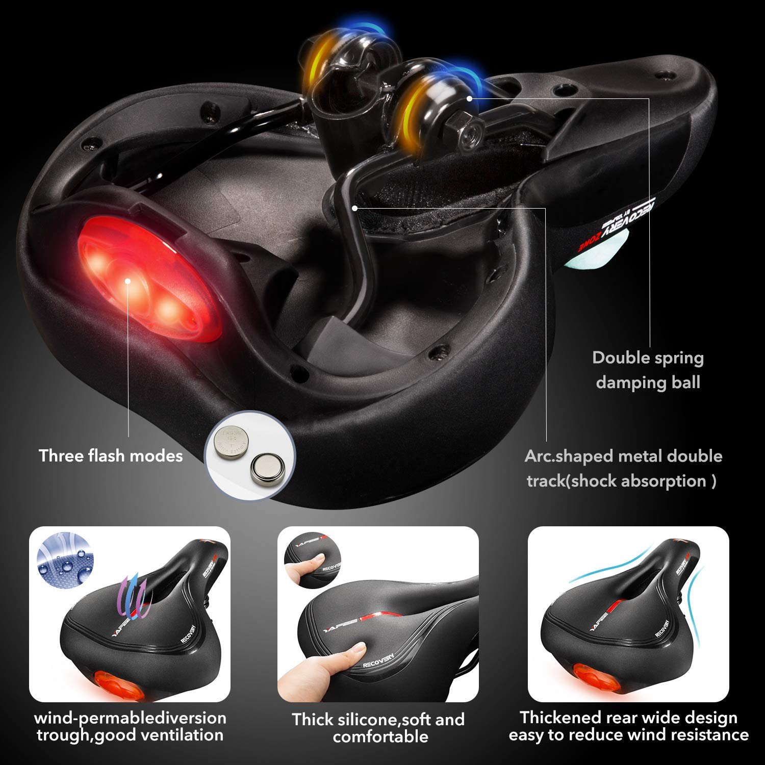 SHINYEVER Fahrradsattel PU Leder mit Rücklicht Ergonomisches Hohl Design Fahrradsitz Wasserdichter Atmungsaktiver Tourensattel mit Kloben Unisex