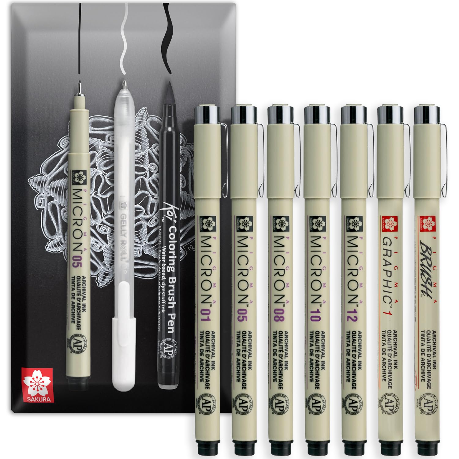 SAKURA Pigma Micron - Pigment Fineliner Pens - Black Ink - In Envelope Gift Packaging (Mixed x 7, Black)