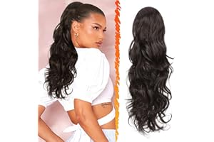 BARSDAR Dark Brown Ponytail Extension - 20 Inch Curly Wavy Drawstring Ponytail Hair Extensions for Women - Synthetic Clip in 