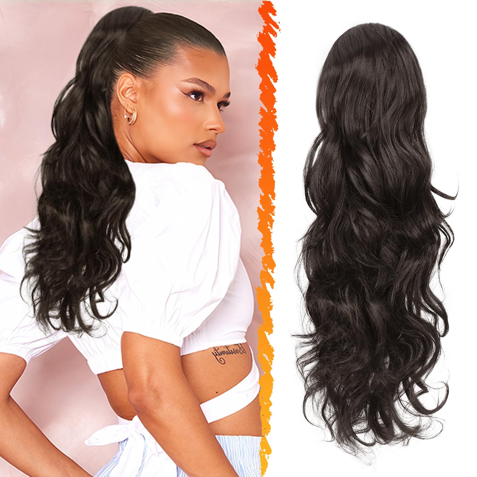 Photo 1 of BARSDAR Dark Brown Ponytail Extension - 20 Inch Curly Wavy Drawstring Ponytail Hair Extensions for Women - Synthetic Clip in Pony Tails Hairpieces Fake Ponytails Daily Party - Dark Brown