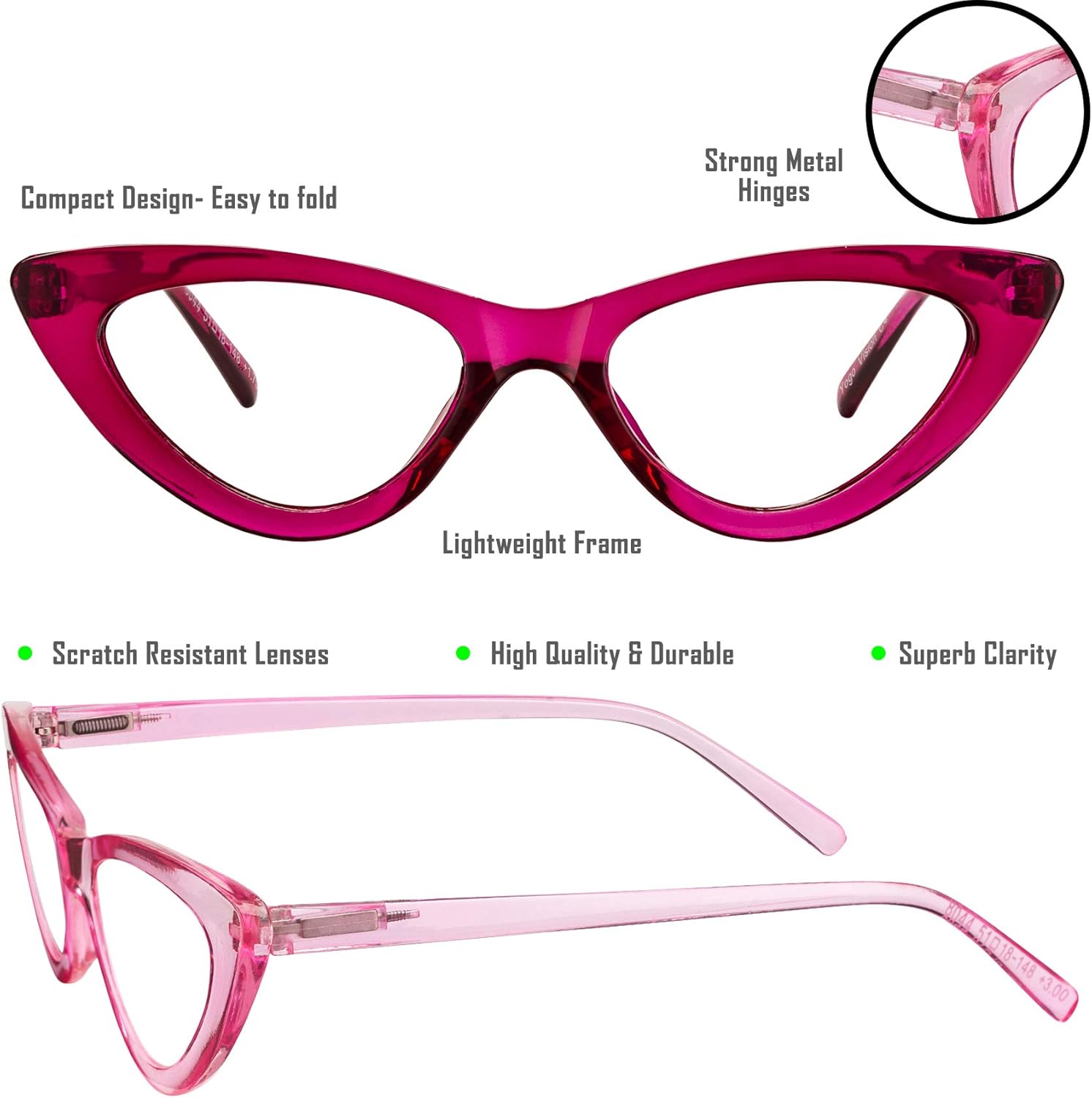 Yogo Vision Reading Glasses 5 Pk Readers for Women Cateye Eyeglasses and Light Spring Hinge Frame +2.75: Clothing