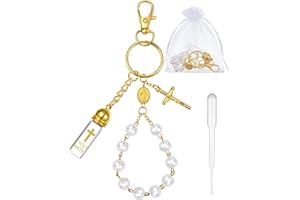Blushtier Holy Water Bottle Keychain Gift with Rosary Bead Crucifix Eyedropper Organza Bag, Catholic Rosary for Xmas Party(Gold,Classic)