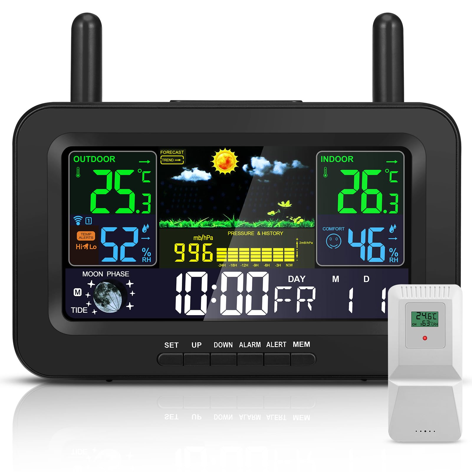 zerotop Weather Stations Wireless Indoor Outdoor with Calendar/Temperature/Humidity/Barometric/Forecast/Moon Phase/Alarm Clock, LCD Digital Weather Station with Outdoor Sensor for Home Office, Black