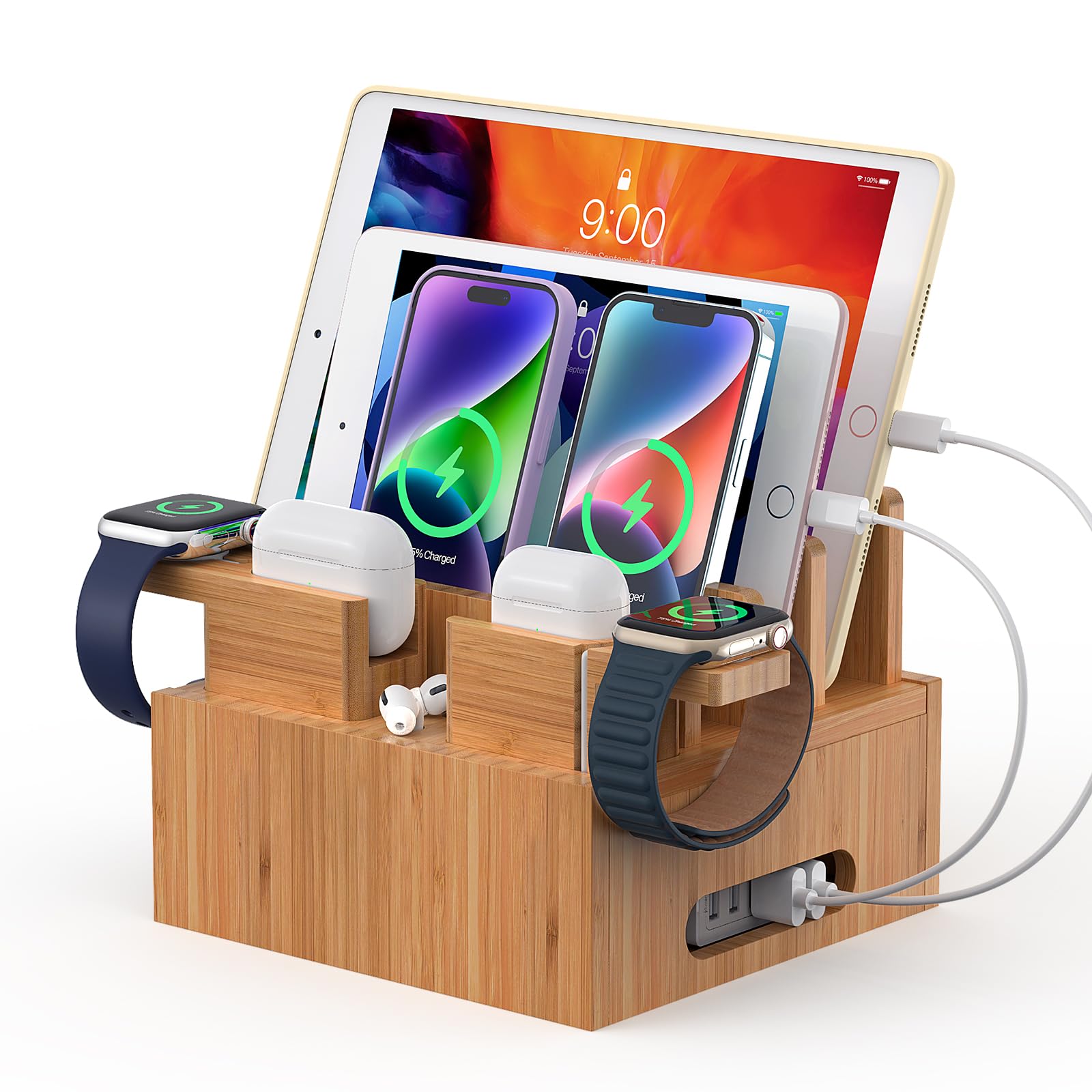 Photo 1 of Pezin & Hulin Bamboo Charging Station Organizer for Multiple Devices, Desktop Docking Station Compatible with Phone, Tablet, Earbuds, Smartwatch, (Included 5 Cables, NO Charger HUB)