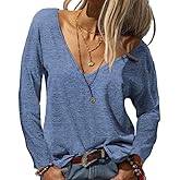 Danedvi Womens Tops Deep V Neck Long Sleeve Shirts Oversized Solid Color Casual Loose Top
