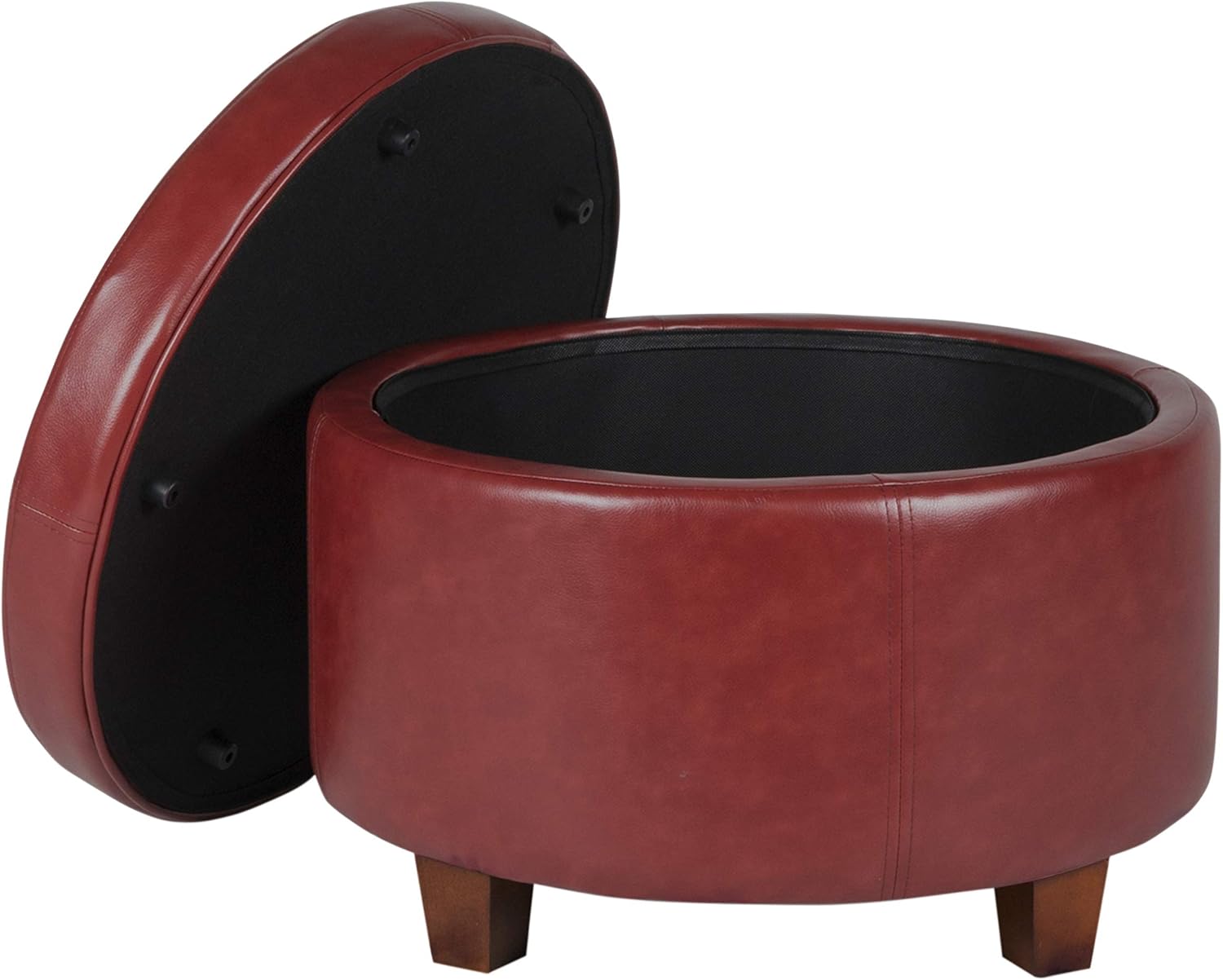 HomePop Round Leatherette Storage Ottoman with Lid, Cinnamon Red: Furniture & Decor