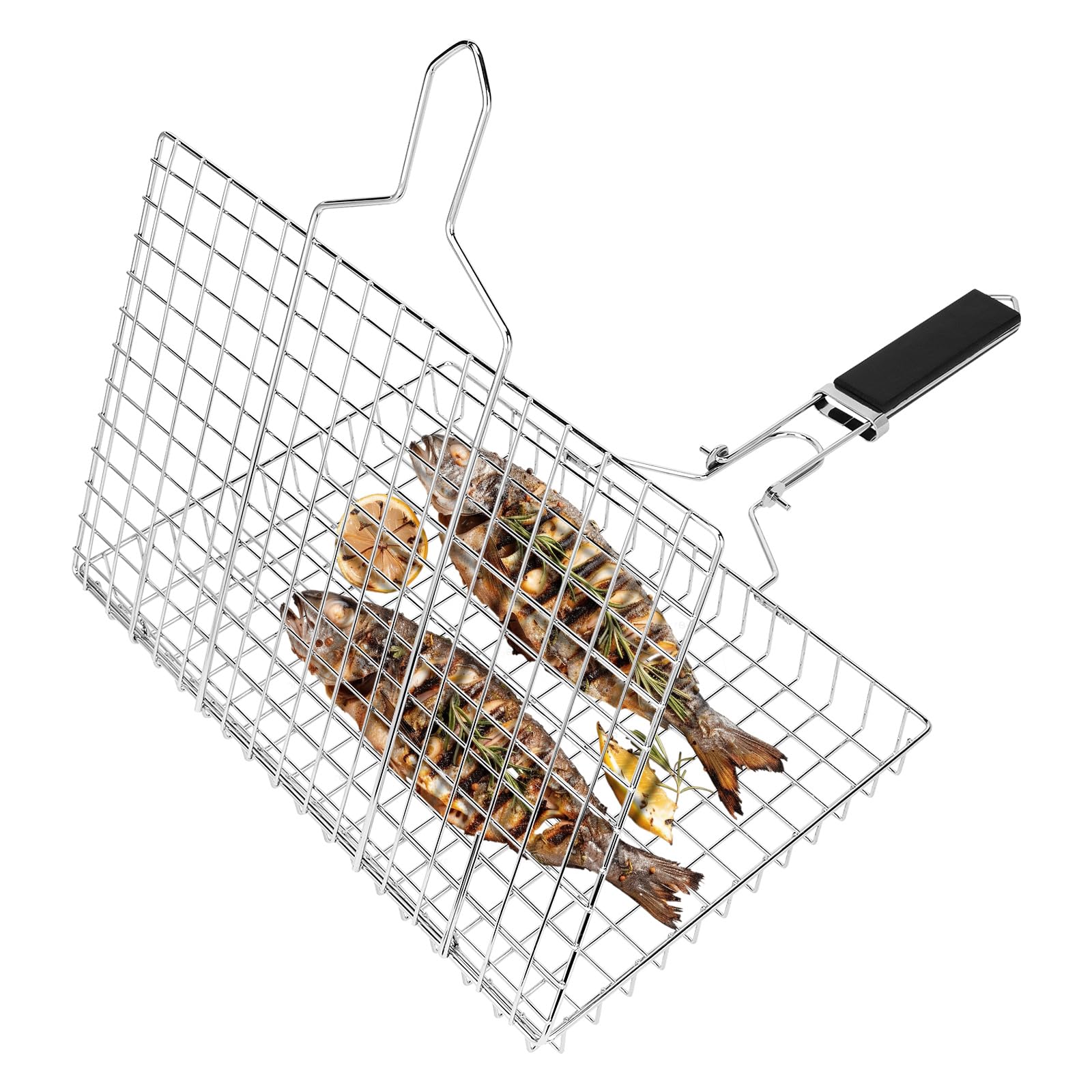 Linkidea Square Portable BBQ Grill Basket, Stainless Steel Fish Barbecue Accessories with Removable Secure Locking Handle, Picnic Grill Rack for Outdoor Cooking Vegetables Fishes Shrimp