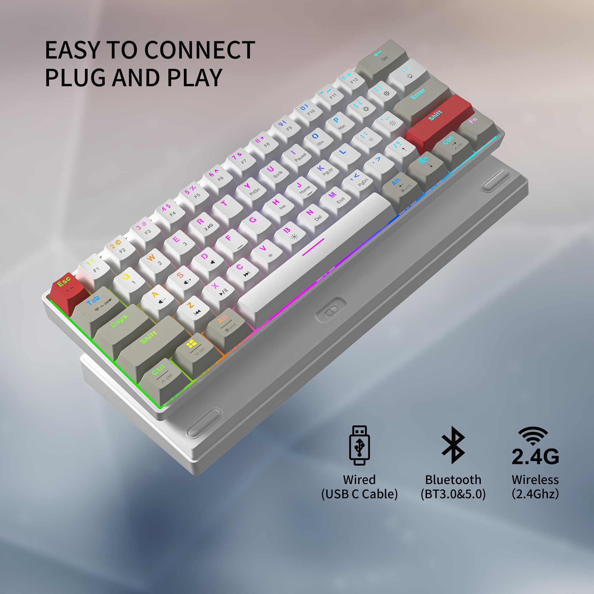 Newmen GM610 60% Wireless Mechanical Keyboard,Wired/Bluetooth/2.4G RGB Backlit,61 Anti-Ghosting Keys,Programmable,Hot-Swappable Gaming Keyboard,for PC Windows Mac Laptop Computer(Linear Red Switch)