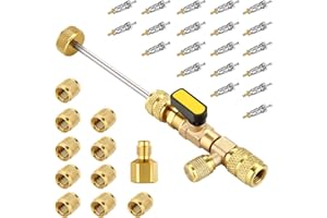 WADEO Valve Core Remover Installer Tool with Dual Size SAE 1/4 & 5/16 Port, 20 PCS Valve Cores with Teflon Seal and 10 PCS Brass Nuts, Compatible with R22 R12 R407 R410 R404 R32 R600 A/C