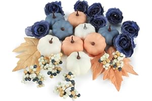 Ghrdopy Fake Pumpkins, 23 Pcs Blue Artificial Pumpkins with Maple Leaves, Plastic Pumpkin Berries Rose Artificial Flowers Fall Decoration Kit for Thanksgiving Table Decoration