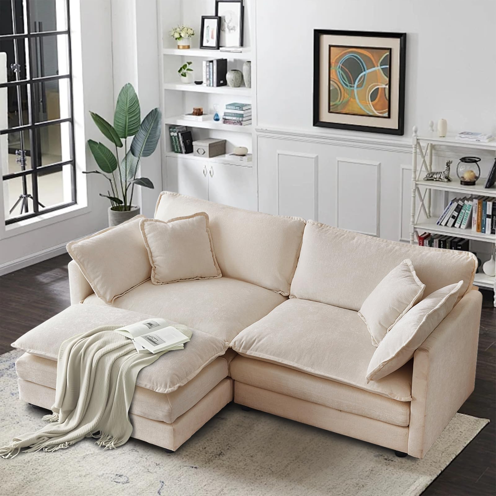 Photo 1 of SoarFlash Chenille Sectional Sofa, Comfy L Shaped Modular Coush Sofa with Ottoman, Modern 2 Seat Couch Deep Seat Sofa Set for Living Room,Light Coffee