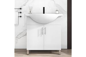 LUCKWIND 30 Inch White Laundry Sink Cabinet Set with Ceramic Belly Bowl Sink and Faucet - Bathroom Vanity Combo, Ceramic Utility Sink for Laundry, Utility Room, Bathroom, Kitchen