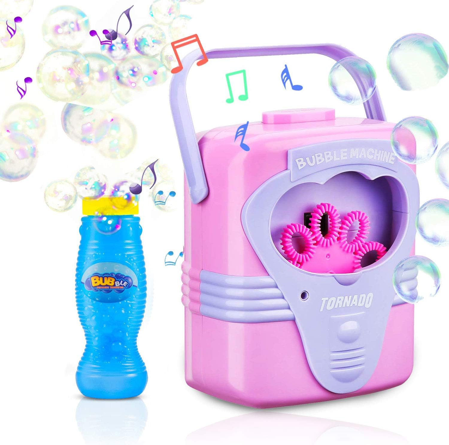 Bubble Machine, Automatic Bubble Maker Portable Soap Bubble Blower for Kids 1 2 3 4 5 and more with Bubbles Solution Refill (Pink)