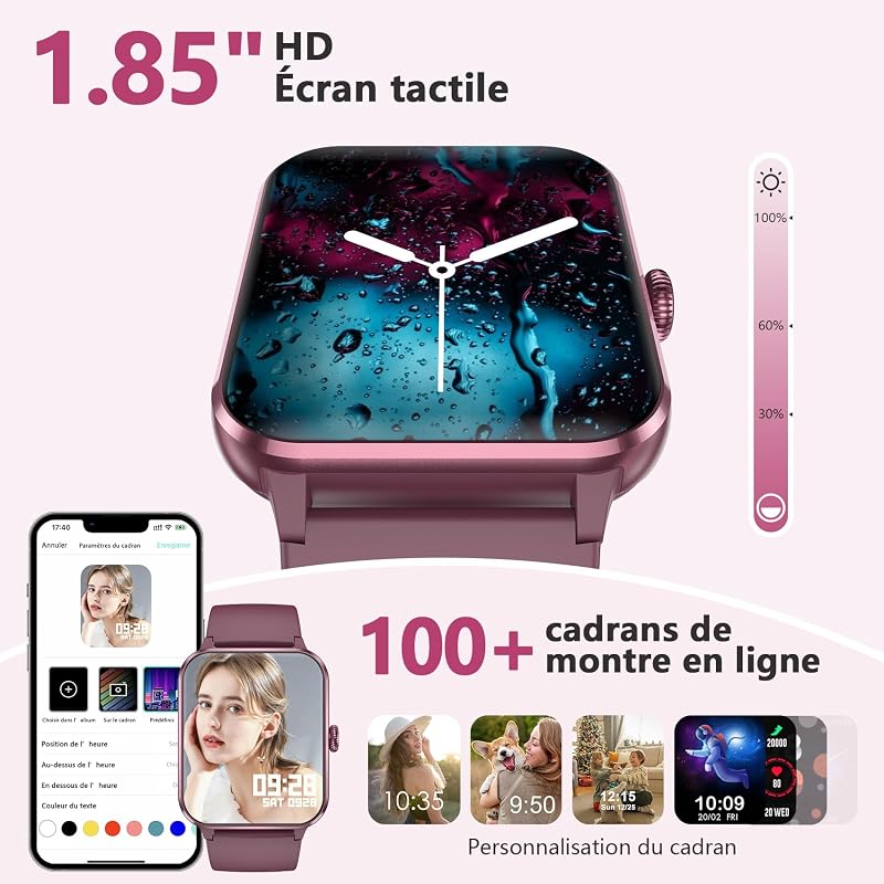 Montre Connectée Homme Femme, Appel Bluetooth, Rouge vin — photo 6 sur 8