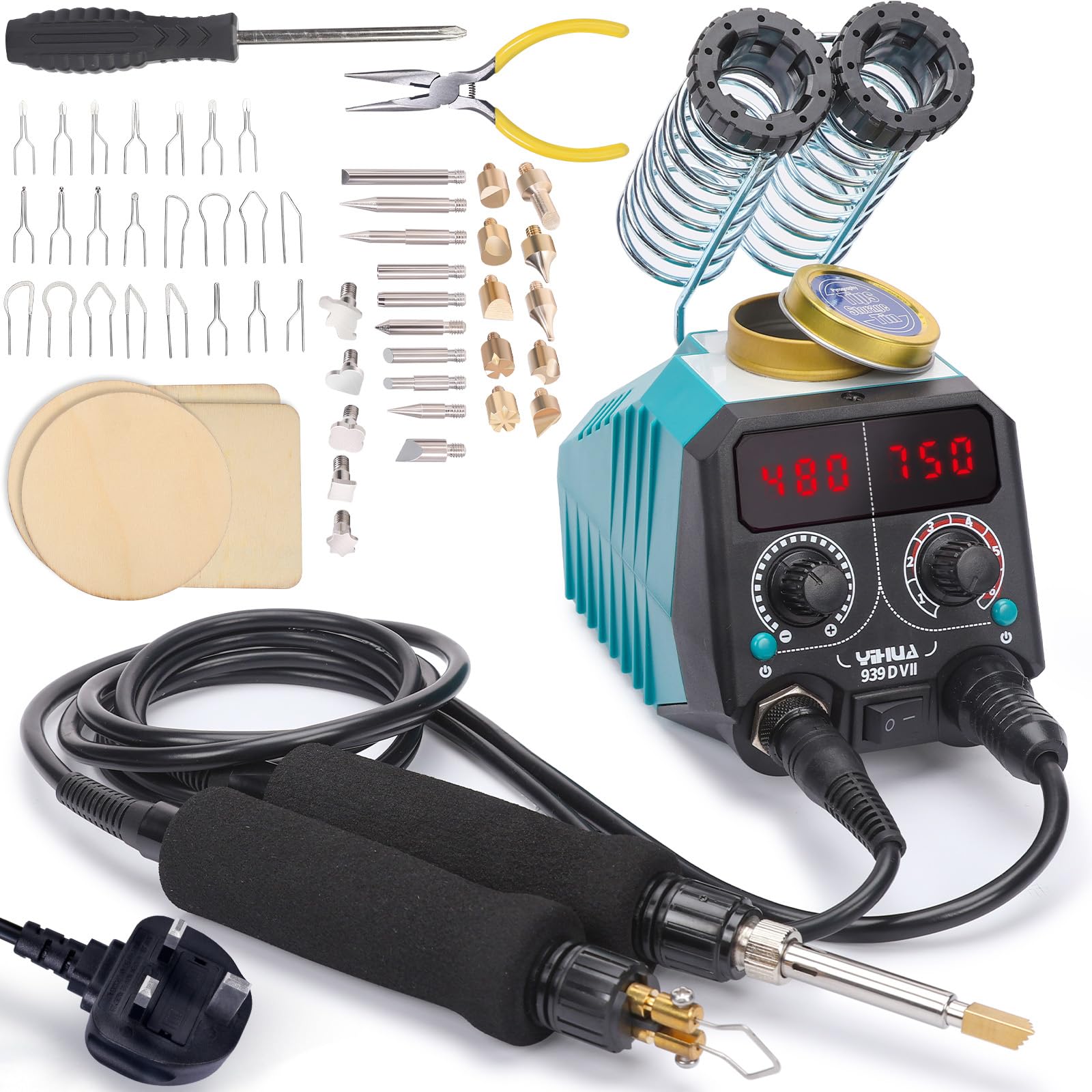 YIHUA 939D-VII Pyrography Tool Wood Burning Pen Kit Station 2-in-1 Solid-Point 200~480°C (with Temp Display)/Wire-Nib 250~750°C with 23 Nibs, 25 Solid Points, 4 Woodpieces