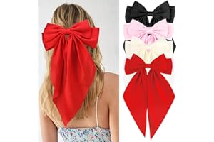 Velscrun Black Beige Pink Red Hair Bows for Women Girls, Silky Satin Large Coquette Bow, Oversized Hair Ribbons 4Pcs Big Bows Clip Long Tail Bowknot Hair Barrettes Christmas Bow Accessories