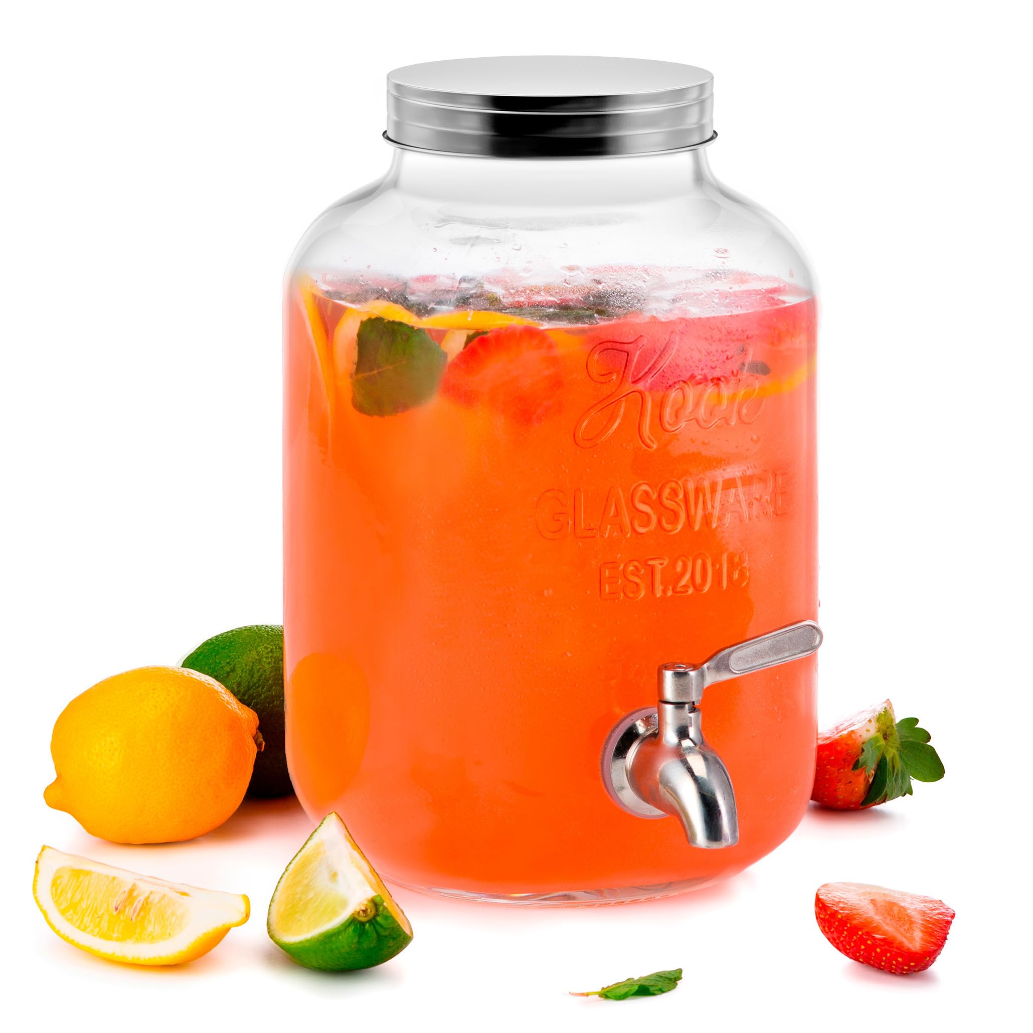 Photo 1 of Kook Glass Drink Dispenser, with Leak-Proof Stainless Steel Spigot, Clear Mason Jar, Beverage Storage for Fridge, for Water, Iced Tea, Sangria, Lemonade, 1 Gallon (1, Silver)