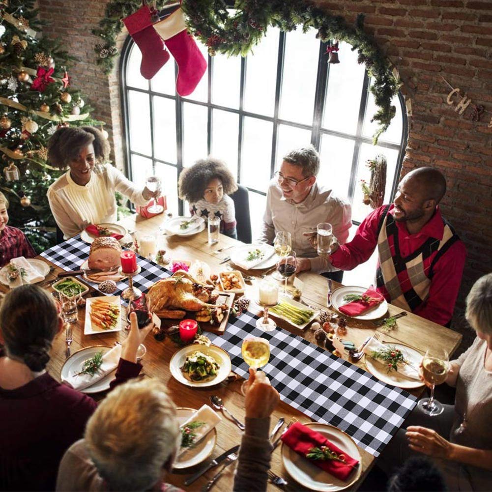 HAKACC Black and White Buffalo Plaid Table Runner Cotton Burlap Table Runner for Christmas Holiday Birthday Party Table Home Decoration