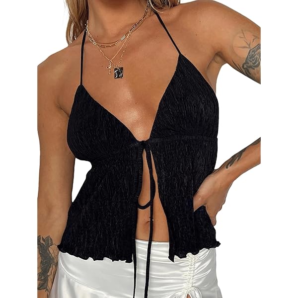 専用W Face Tank Top (black) Women Front Tie Top Y2k Halter Neck Flowy Summer Going Out Tank