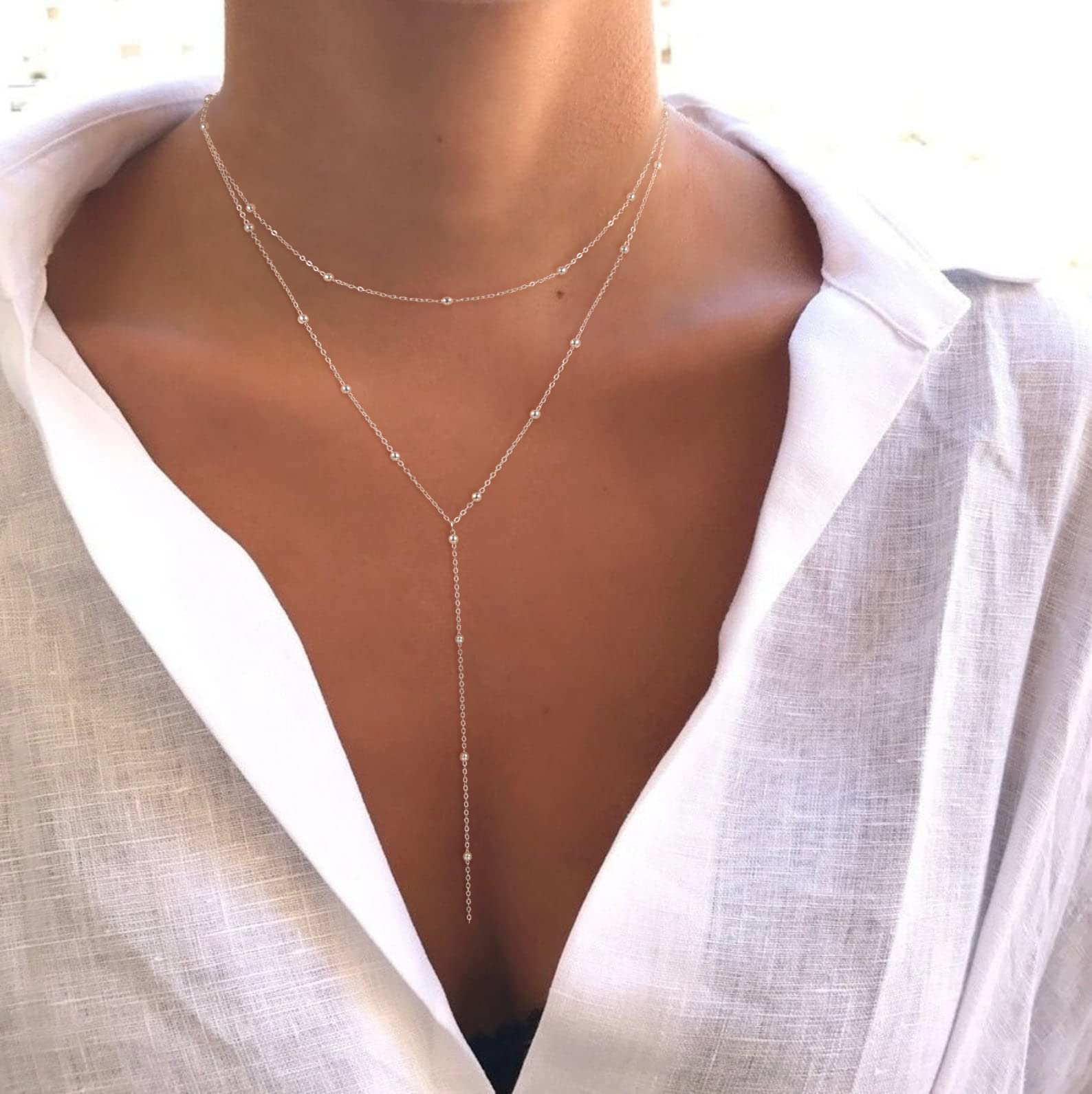 Foxgirl Lariat Gold Necklace for Women, Dainty Long Necklace 14k Gold Plated/Silver Y-Shaped Pendant Necklace Trendy Layered Cz Beaded Chain Drop Necklaces Simple Gold Jewelry For Women Gift