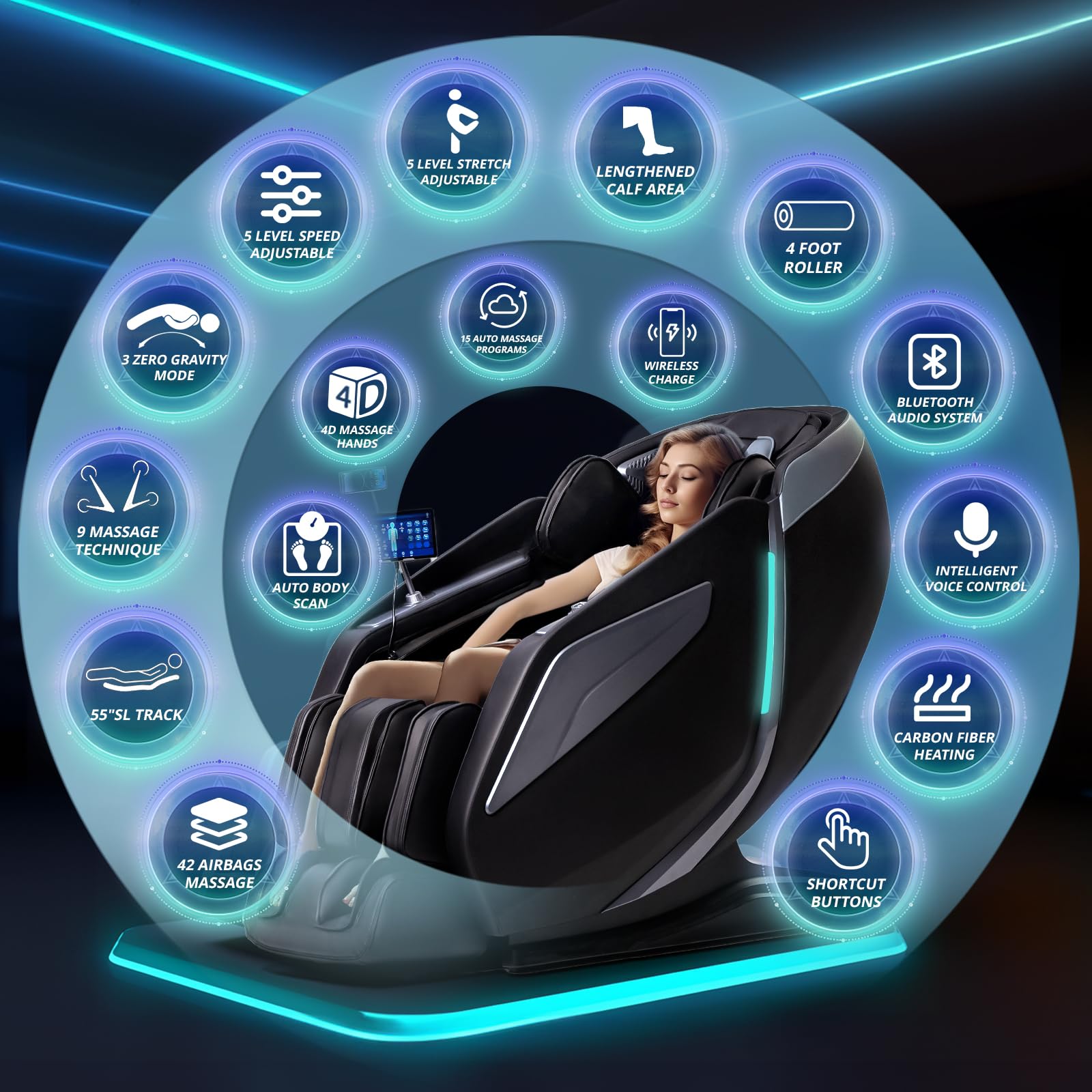 HealthRelife 4D Massage Chair Full Body Zero Gravity Recliner - 55“ SL-Track,15 Auto Modes,11 Massage Technique,40 Airbags Massage,with Yoga Stretch,APP Control,Shiatsu Foot Massage(Black)